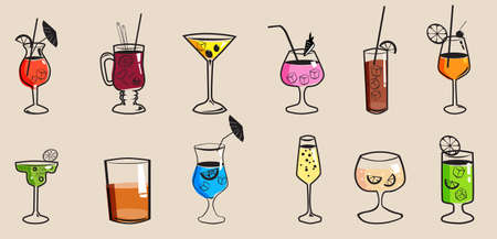 Set cockails tropical summer alcoholic drinks beverages. Mojito, Margarita, Pina Colada, Sex on the Beach, Daiquiri. Vector icons isolated cartoon style illustrationのイラスト素材
