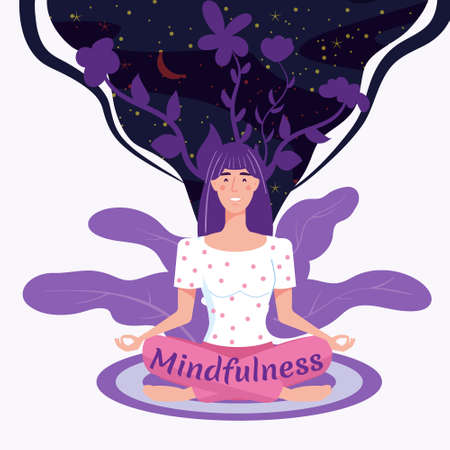 Mindfullness yoga meditation woman sit in the lotus position meditate. Mental calmness and self consciousness concept. Vector illustration isolatedのイラスト素材
