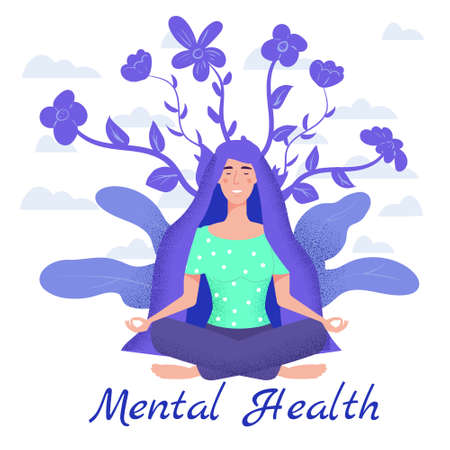 Mental health yoga meditation woman sit in the lotus position meditate. Mental calmness and self consciousness concept. Vector illustration isolatedのイラスト素材