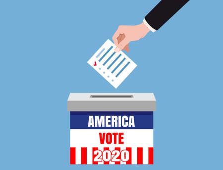 The US presidential election 2020. Hand putting voting blancs papers in vote box, ballot campaign. Vector isolated illustrationのイラスト素材