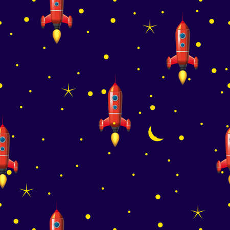 Seamless Rocket pattern, stars and space. Vector illustration ispalted cartoon styleのイラスト素材
