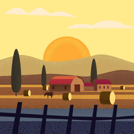 Rural farm landscape field country house, cows. Summer hills sunset farmland. Vector illustration trendy style noise shadow vectorの写真素材