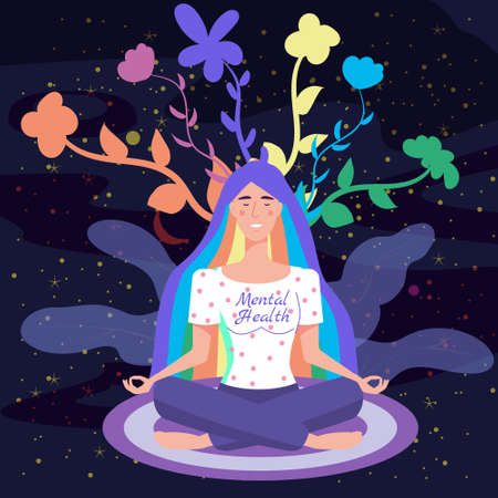 Mental health yoga meditation woman sit in the lotus position meditate. Mental calmness and self consciousness concept. Vector illustration isolatedのイラスト素材