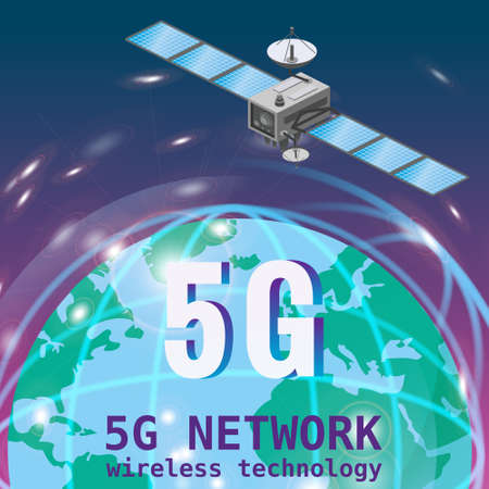 Global 5G internet network satellite communication. Satellite flying orbital upon Earth wireless technology smartphone isometryc. Vector isolated illustrationのイラスト素材