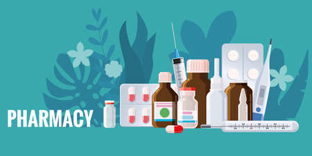 Pharmacy template frame with blister, spray, thermometer, jars, pills drugs medical bottlesのイラスト素材