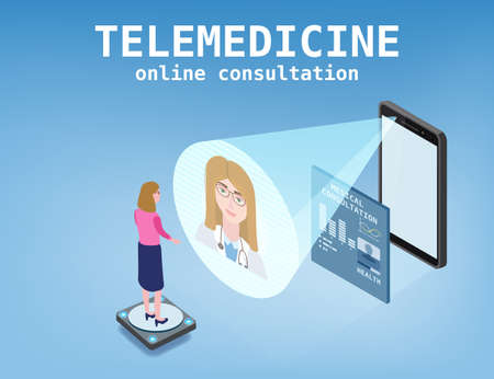 Telemedicine smartphone concept characters doctor and patient consultation diagnosis by internet. Online doctor service isometry. Vector illustration isolatedのイラスト素材