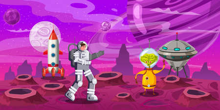 Astronaut exploring alien planet rocket. Contact with a alien UFO. Cosmonaut scientific traveler character on a rocky surface in far galaxy. Cartoon flat style vector illustration bannerのイラスト素材