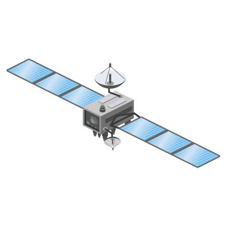 Satellite artificial communication wireless technology GPS . Spacecraft with solar panels. Vector illustration isolatedのイラスト素材