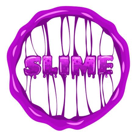 Slime word letters text logotype template. Liquid Violet bubbling toxic mold with splashes. Vector isolated on white backgroundのイラスト素材