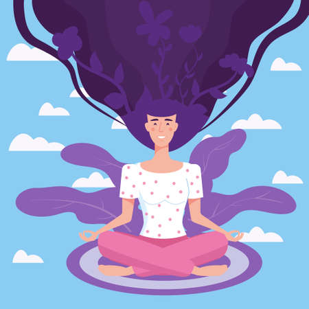 Mental health yoga meditation woman sit in the lotus position meditate. Mental calmness and self consciousness concept. Vector illustration isolatedのイラスト素材