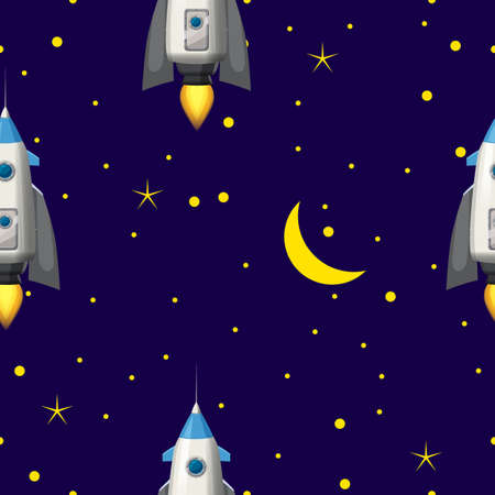 Seamless Rocket pattern, stars and space. Vector illustration ispalted cartoon styleのイラスト素材