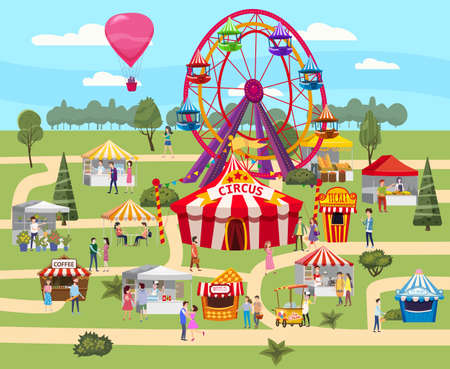 Amusement park outdoor festival Curcus tent Ferris Wheel Tents Canopy fast food and drinks. Visitors men and women spend their leisure time. Vector illustration isolatedのイラスト素材