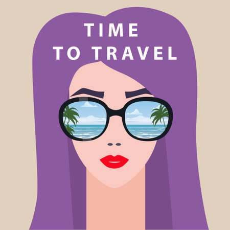 Portrait fashion woman with sunglasses. Time to Travel poster summer holiday vacation. Vector...