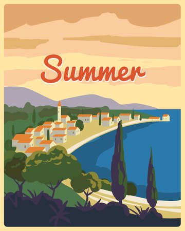 Travel poster retro old city Mediterranean sea vacation Europe. Holiday summer voyage seaside sunset. Vintage style vector illustrationのイラスト素材