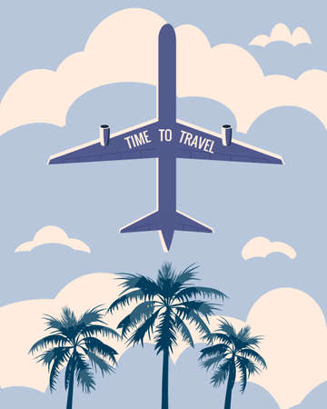 Time to Travel poster holiday summer vacation. Plane bottom view palms sky clouds vintage retro. Vector illustration isolatedのイラスト素材