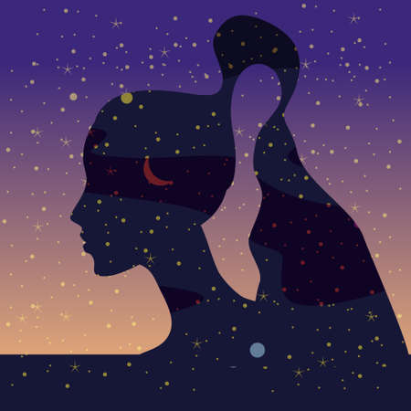 Portraite profile a girl with hair of stars inside night sky, mental health. Female portrait character of magic night fairy fantasy. Vector isolated illustrationのイラスト素材