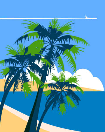 Travel poster holiday summer tropical beach vacation. Ocean seaside landscape palms plane. Vector illustration isolatedのイラスト素材