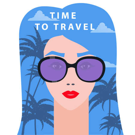 Portrait fashion woman with sunglasses. Time to Travel poster summer holiday vacation. Vector isolatedのイラスト素材