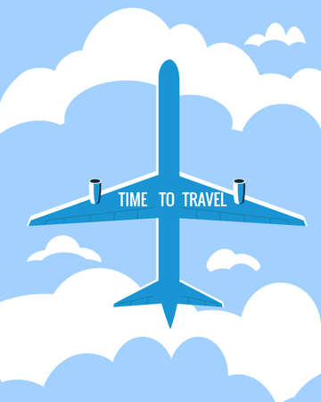 Time to Travel poster holiday summer vacation. Plane bottom view sky clouds vintage retro. Vector illustration isolatedのイラスト素材