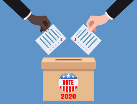 The US presidential election 2020. Hands putting voting blancs papers in vote box, ballot campaign. Vector isolated illustrationのイラスト素材