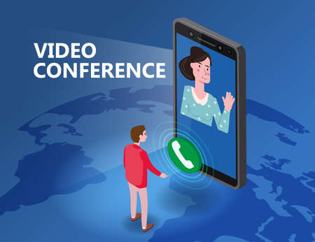 Online meeting Video conference man on screen phone talking by internet in videocall, chat, isometry. Workspace remote management communication meeting. Vector illustration isolated trendy flat styleのイラスト素材