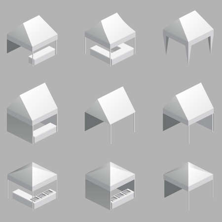 Set canopy tent trade event isometry, folding promotional outdoor advertising show pop-up . Template vector isolated illustrationのイラスト素材
