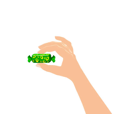 Hand hold candy wrapper dessert sweetness. Vector illustration isolated cartoon styleのイラスト素材