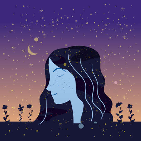 Portraite profile a girl with hair night sky stars. Female portrait character of magic night fairy fantasy. Vector isolated illustrationのイラスト素材