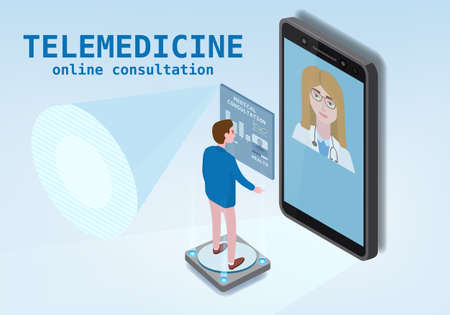 Telemedicine smartphone concept characters doctor and patient consultation diagnosis by internet. Online doctor service. Isometry icons, vector illustration isolatedのイラスト素材