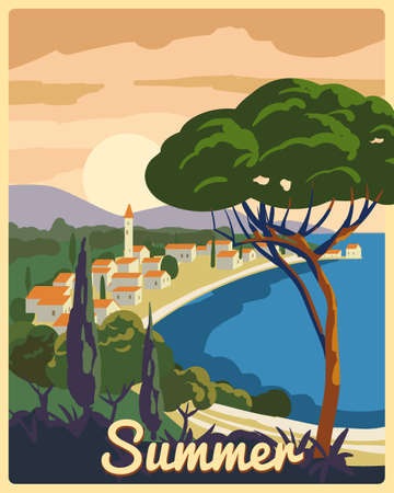 Travel poster retro old city Mediterranean sea vacation Europe. Holiday summer voyage seaside sunset. Vintage style vector illustrationのイラスト素材