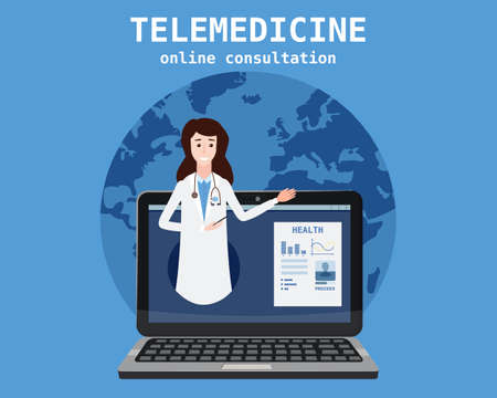 Telemedicine laptop concept characters doctor consultation diagnosis by internet. Online doctor service. Vector illustration isolatedのイラスト素材