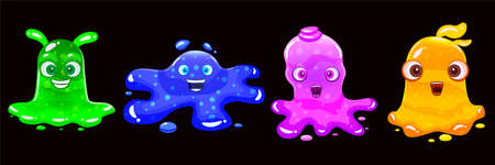 Set Slime jelli monsters characters, liquid yellow green violet blue creatures. Funny cute cartoon vector illustration on black backgroundのイラスト素材