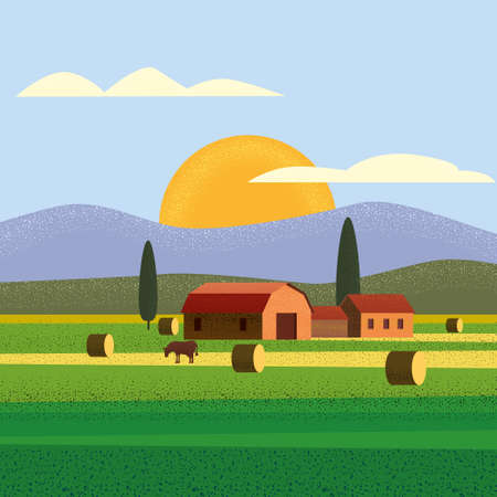Rural farm landscape field country house, cows. Summer hills sunset farmland. Vector illustration trendy style noise shadow vectorの写真素材
