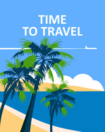 Time to Travel poster holiday summer tropical beach vacation. Ocean seaside landscape palms planeのイラスト素材