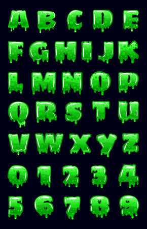 Slime Font green bubbling toxic mold. Letters numbers. Vector cartoon style illustrationのイラスト素材