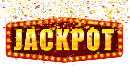 Jackpot Winner banner shining retro sign illuminated by spotlights falling confetti. Lottery cazino vector illustration isolatedのイラスト素材