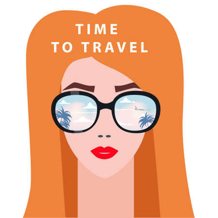 Portrait fashion woman with sunglasses. Time to Travel poster summer holiday vacation. Vector isolatedのイラスト素材