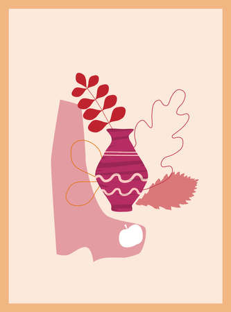 Autumn trendy card collage. Minimal shapes vase colour pastel flora. Template fall poster, banner vector illustration isolatedのイラスト素材
