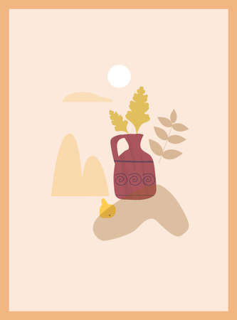 Autumn trendy card collage. Minimal shapes vase colour pastel flora. Template fall poster, banner vector illustration isolatedのイラスト素材