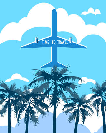 Time to Travel poster holiday summer vacation. Plane bottom view palms sky clouds vintage retro. Vector illustration isolatedのイラスト素材