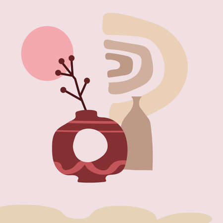 Trendy cards still life vase fruits abstract contemporary shape textures minimalism. Modern element design for banner, poster, social media templates. Vector illustration isolatedのイラスト素材