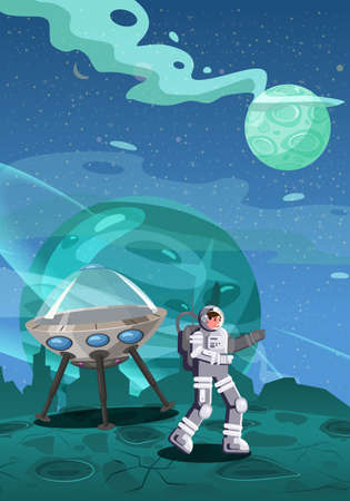 Astronaut exploring alien planet starship. Cosmonaut scientific traveler character on a rocky surface in far galaxy. Cartoon flat style vector illustration bannerのイラスト素材