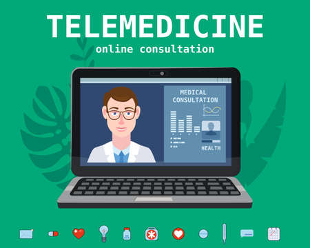 Telemedicine laptop concept characters doctor consultation diagnosis by internet. Online doctor service. Vector illustration isolatedのイラスト素材