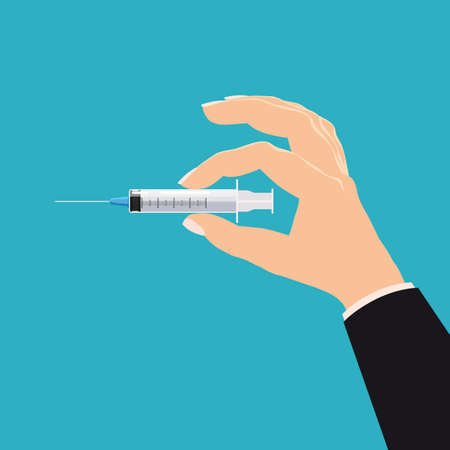 Hand hold pharmacy bottle plastic medicine syringe. Template banner vector illustration isolated cartoon flat styleのイラスト素材