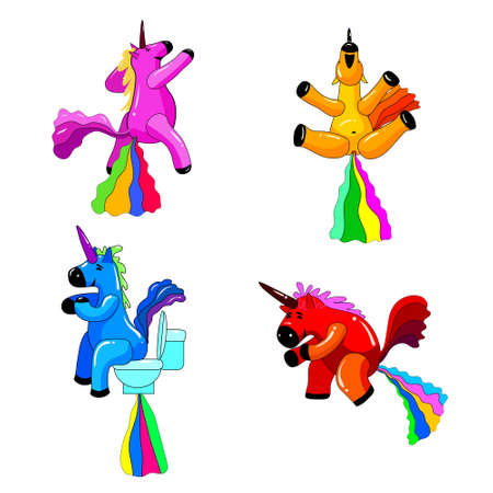 Set Unicorns smiling pooping a rainbow, fantasy cute character beast multicolored shit turd. Vector illustration isolated cartoon styleのイラスト素材