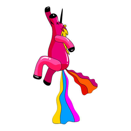 Unicorn smiling pooping a rainbow, fantasy cute character beast multicolored shit turd. Vector illustration isolated cartoon styleのイラスト素材