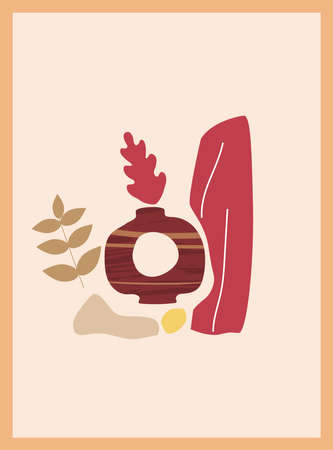 Autumn trendy card collage. Minimal shapes vase colour pastel flora. Template fall poster, banner vector illustration isolatedのイラスト素材