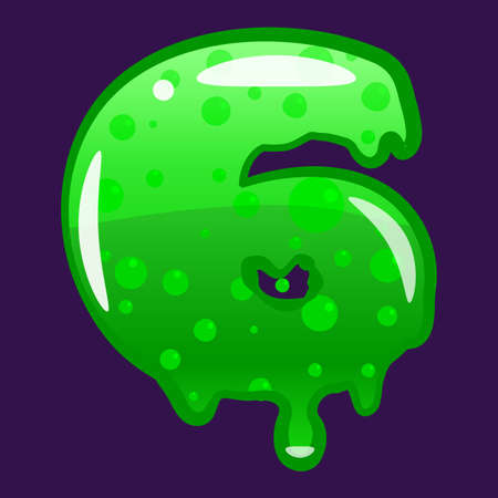 Slime font type number 6 latin alphabet. Green bubbling toxic mold. Vector cartoon style illustrationのイラスト素材
