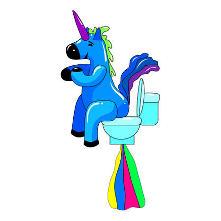 Unicorn smiling pooping a rainbow, fantasy cute character beast multicolored shit turd. Vector illustration isolated cartoon styleのイラスト素材