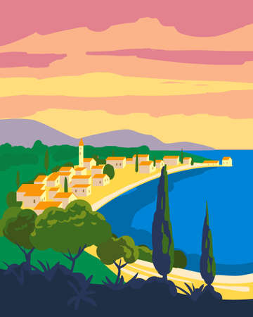 Travel poster retro old city Mediterranean sea vacation Europe. Holiday summer voyage seaside sunset. Vintage style vector illustration